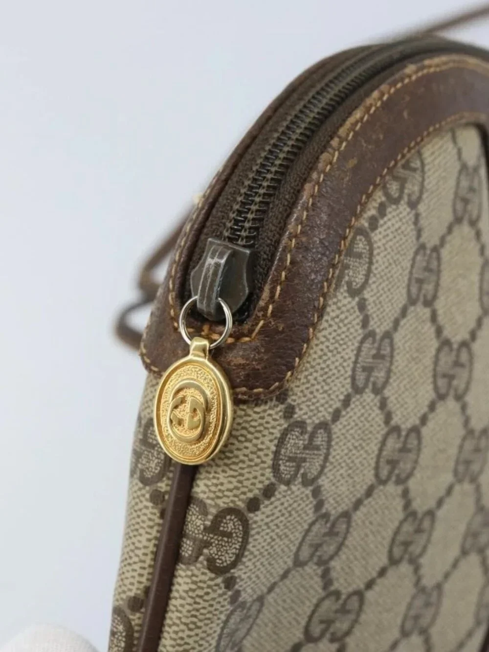 GUCCI GG Supreme Web Sherry Line Bag PVC Beige Gold 904 02 047 Auth ka3455